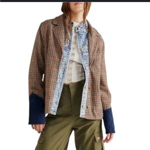 Free People Rancher Houndstooth Jacket Blazer Plaid Denim Boho -